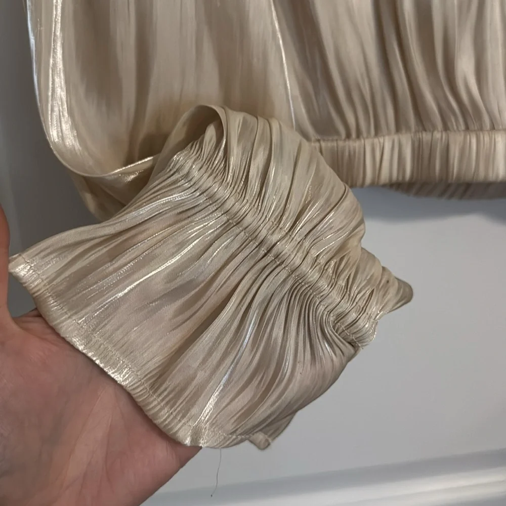 Elegant Cream Champagne Ruffle Blouse - Picture 3 of 9